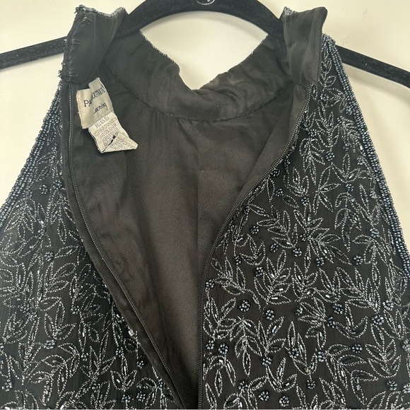 Papell Boutique Evening Top Size Large Black Beaded Floral Mock Neck Formal Silk - Picture 5 of 7
